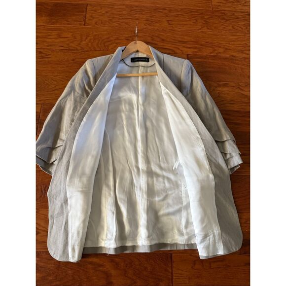 Zara Woman Beige Linen Blazer Jacket Women’s Size L – Ruched Sleeve Open Front - Picture 8 of 14